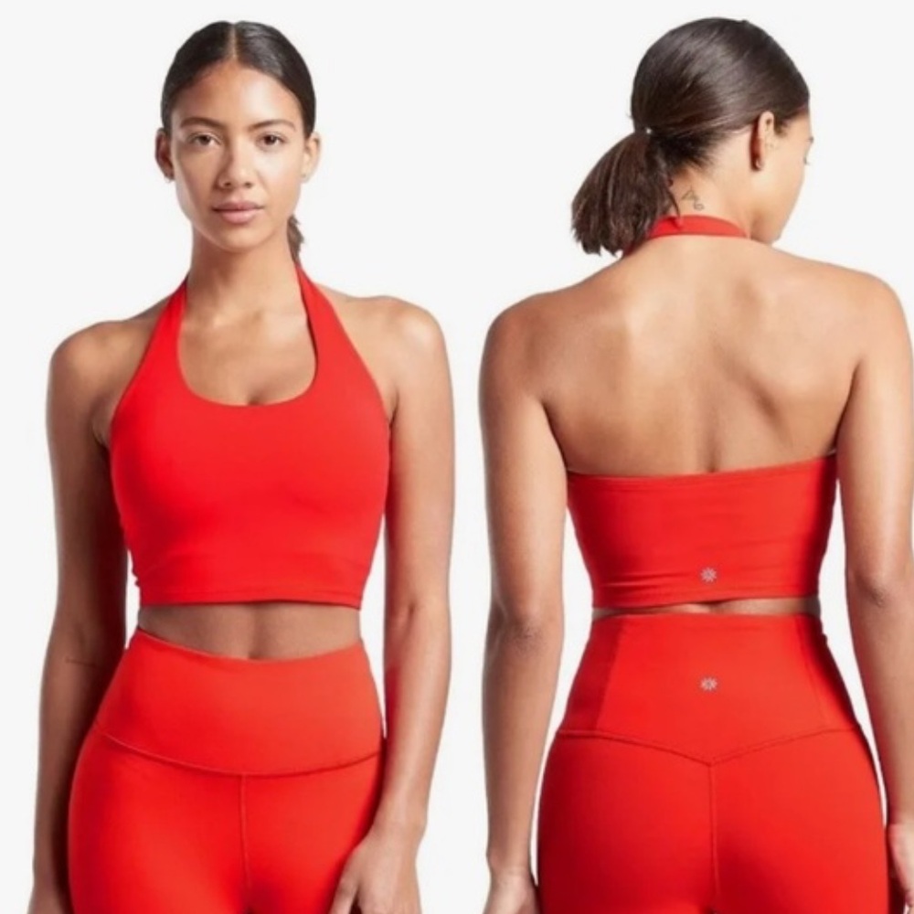 Athleta Powervita crop halter top in red.